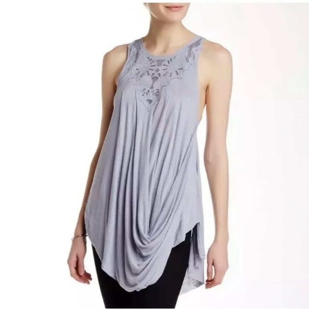Free People New World Embellished Tunic Top Shirt Large Blue Purple Boho (T)